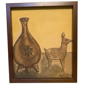 Vintage Jose Rios T Painting "Llamas and Vase" Folk Art 1962 Signed original